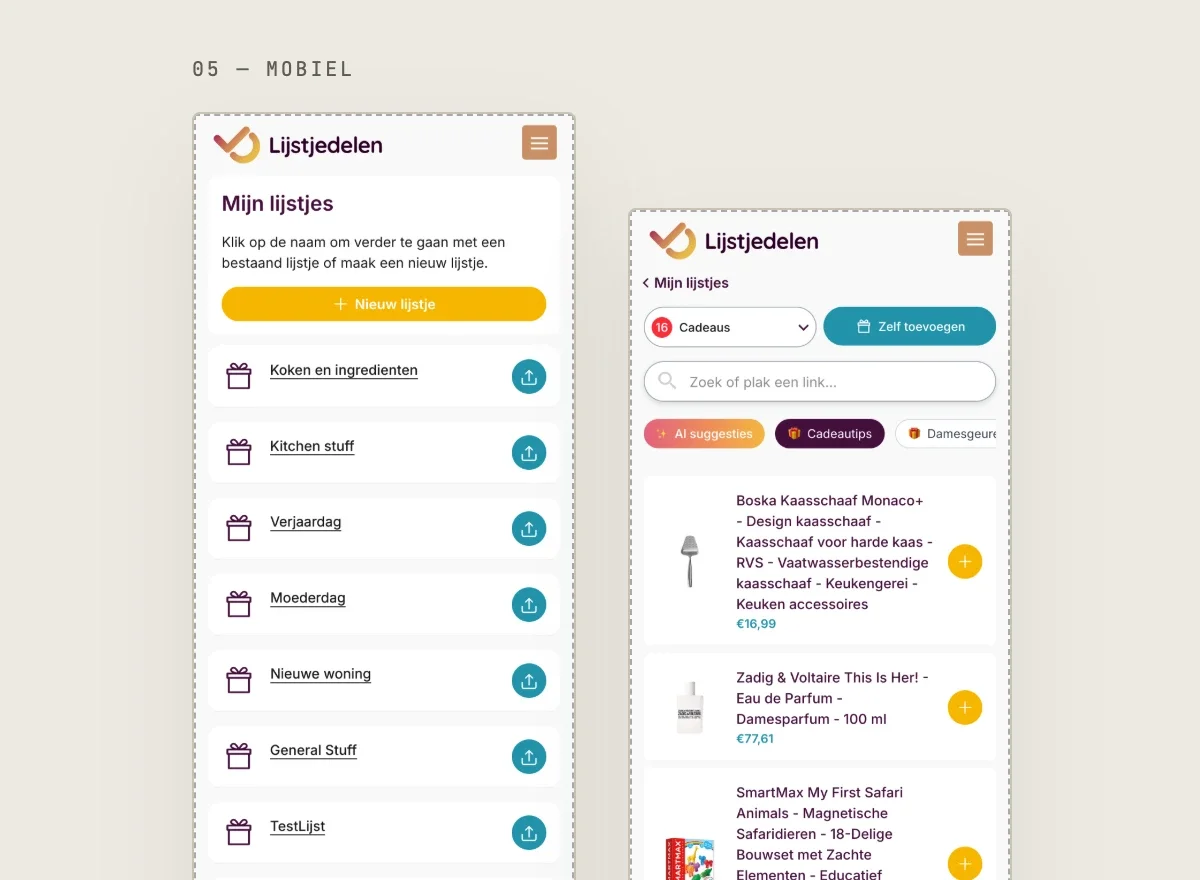 Mobiele schermen van Lijstjedelen met het lijstjesoverzicht en de cadeauzoeker met productresultaten en prijzen.