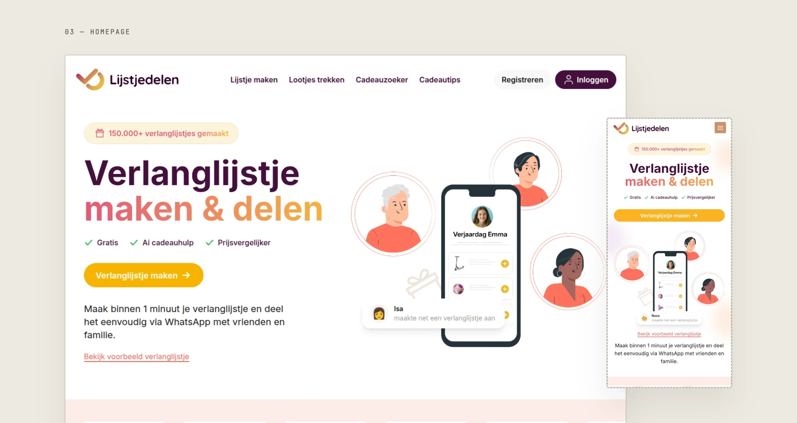 Homepage van Lijstjedelen op desktop en mobiel, met de introductie over verlanglijstjes maken en delen.